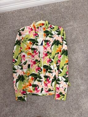 Tommy Bahama Tropical Floral Zip Bomber Jacket - Green, Pink, Orange